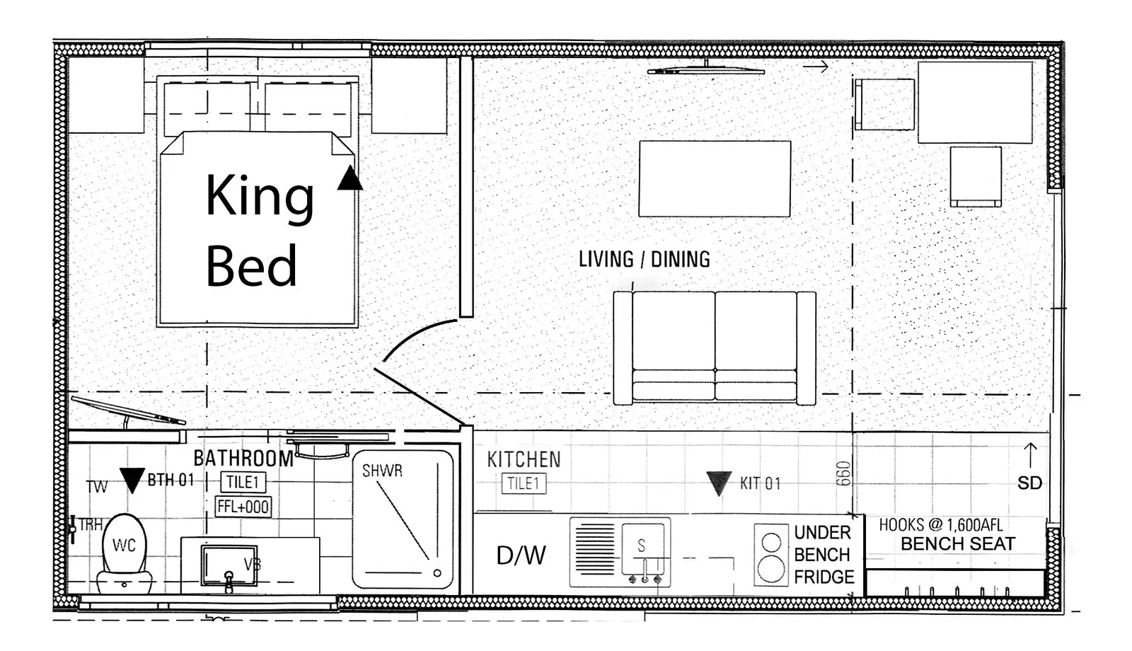 Typical layout of a self-contained pod at Mt Field Retreat